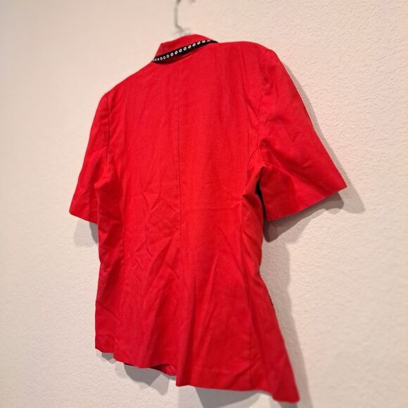 Elegant Vintage 90s Red Blouse Pearl Buttons Collared Shirt Jacket Shacket sz 12 - Picture 8 of 11